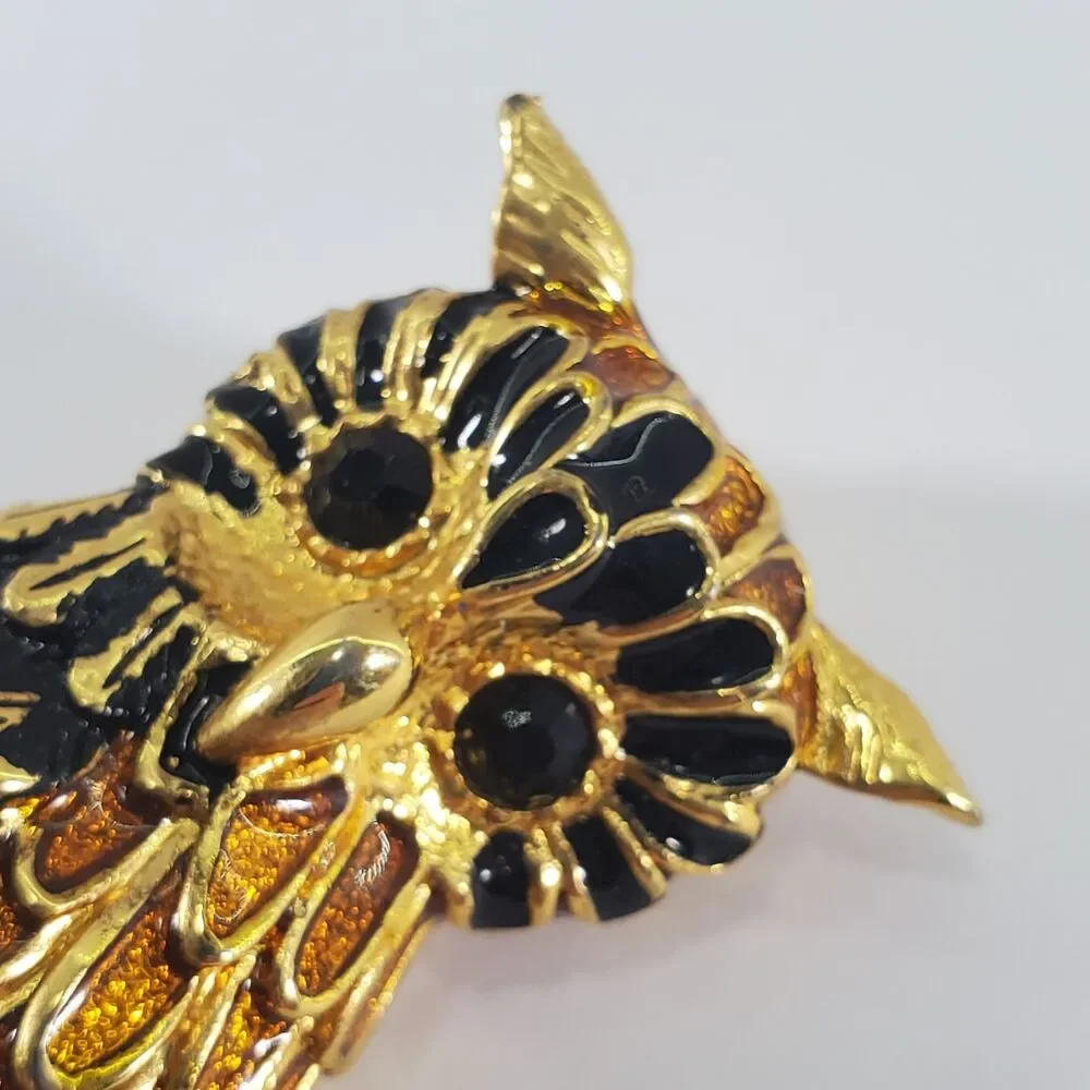 Chubby Vintage Owl Brooch Gold Tone Enamel Black Faceted Eyes Mid Century